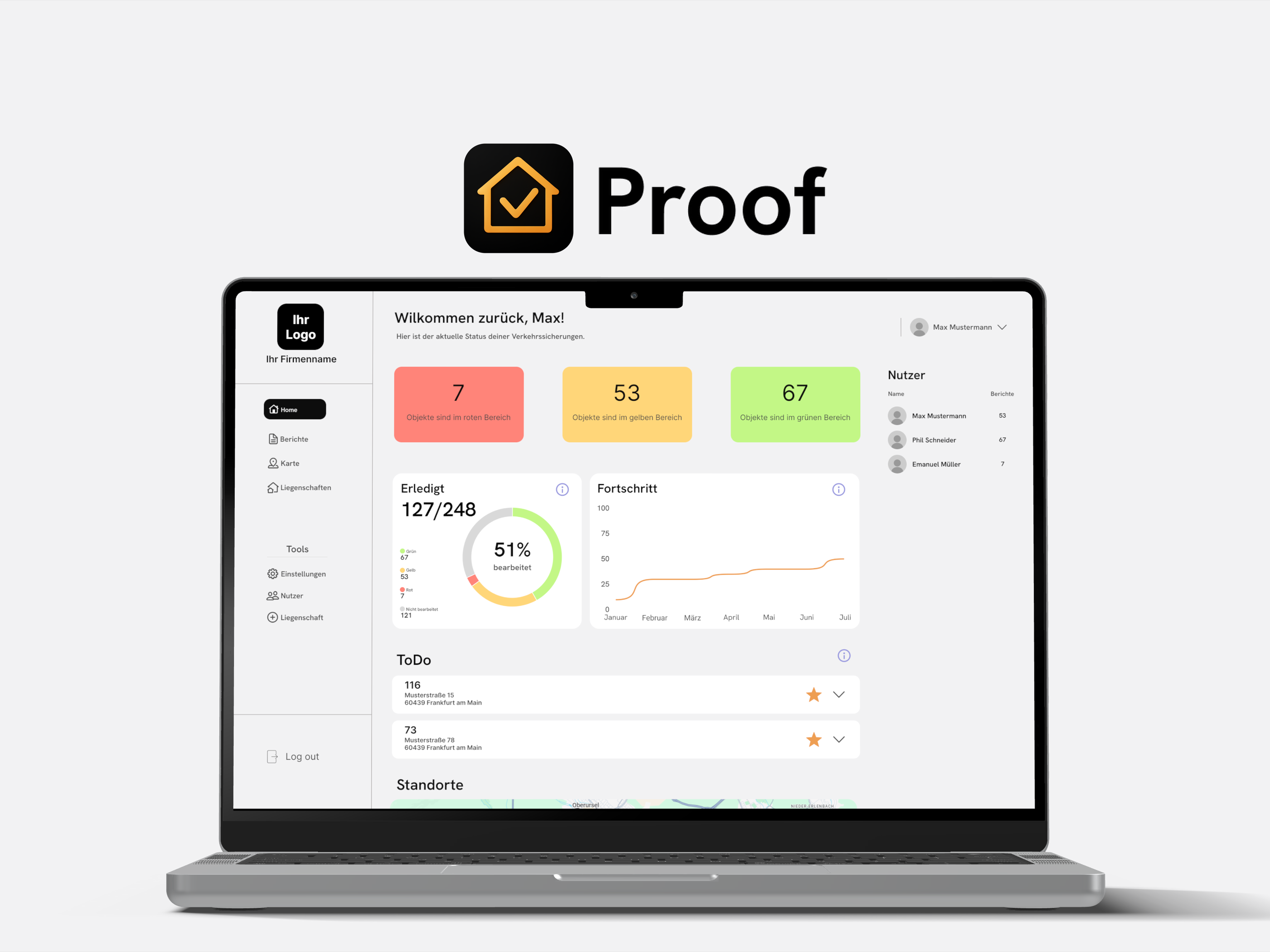 Desktop-Ansicht von Proof mit Tätigkeitsberichten und Bildern