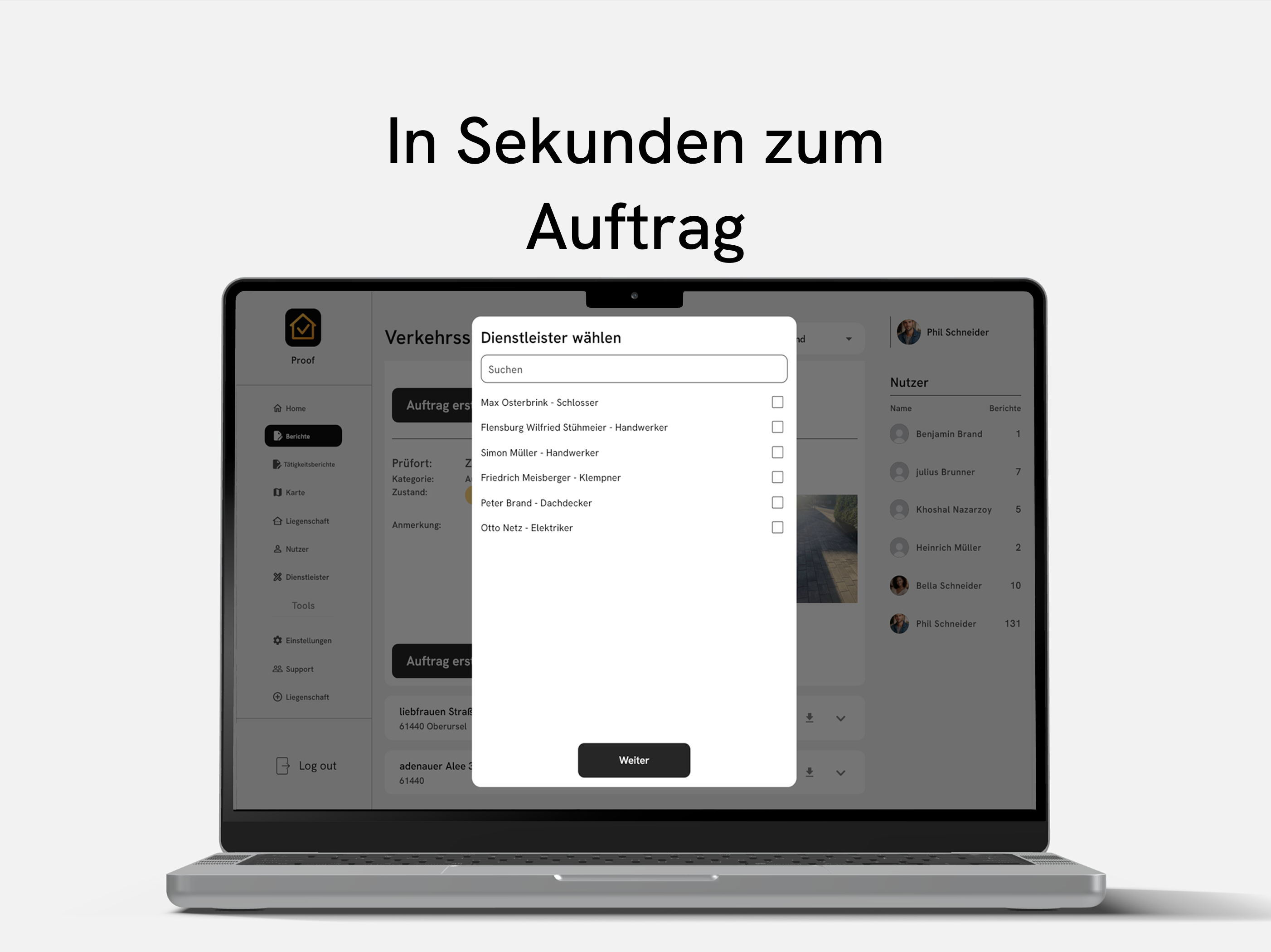 Proof Desktop mit Auswahl eines Dienstleisters für einen automatischen Auftrag