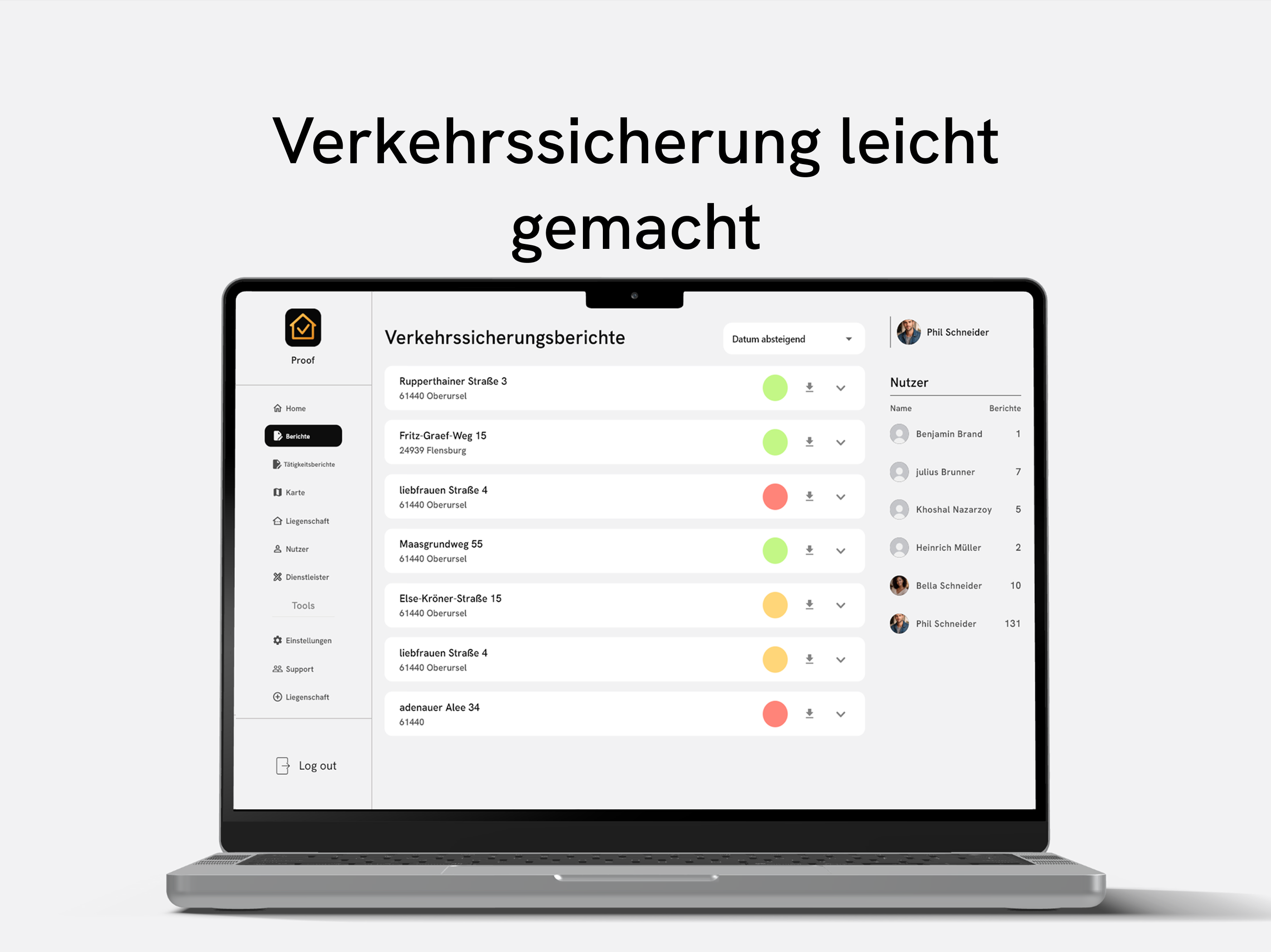 Proof Desktop Übersicht über Verkehrssicherungsberichte